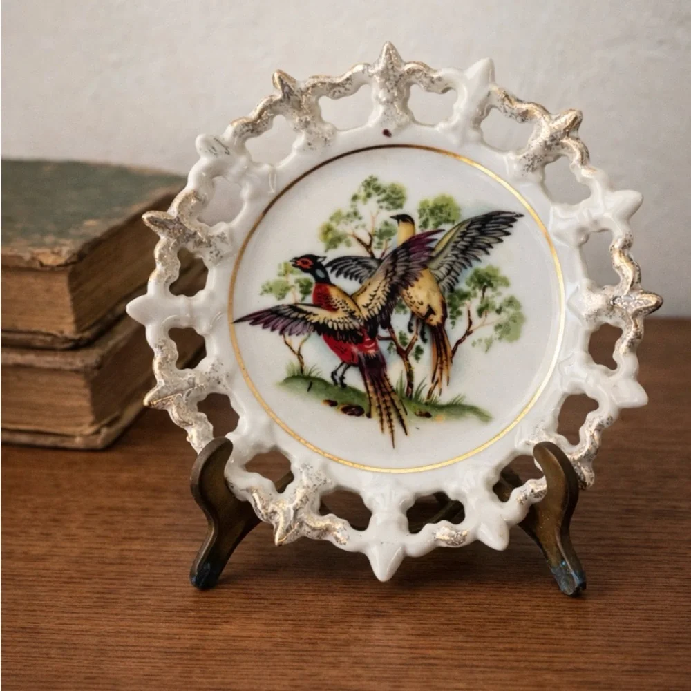 Decorative Porcelain Bird Plate with Gold Trim